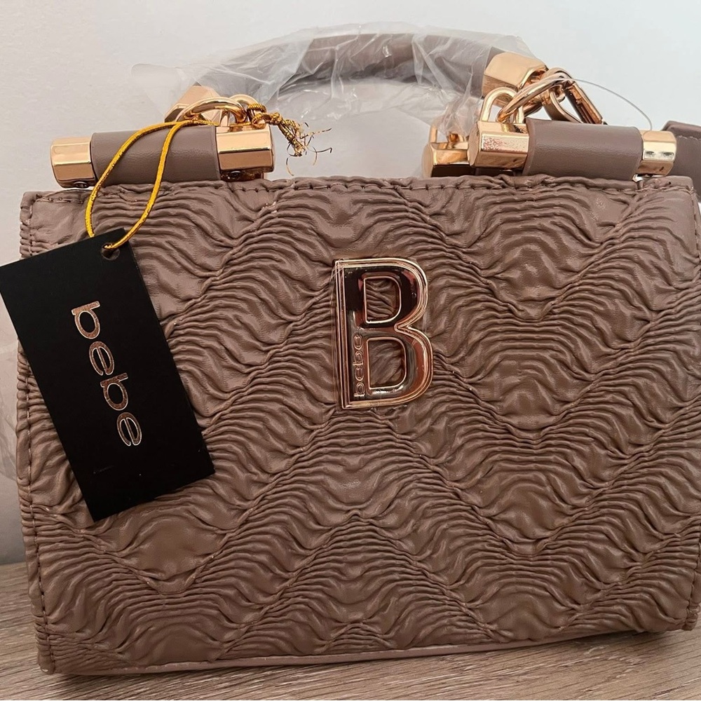 bebe Nola Taupe Quilted Mini Satchel with Gold Hardware